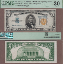 WW2 North Africa Emergency Issue 1934-A $5 FR-2307 North Africa PMG VF 30