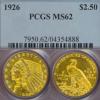 1926 $2.50 Indian US quarter eagle gold coin PCGS MS-62