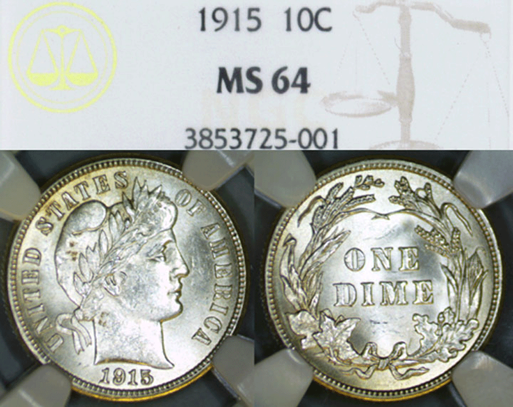 1915 10c Barber silver dime NGC MS-64 