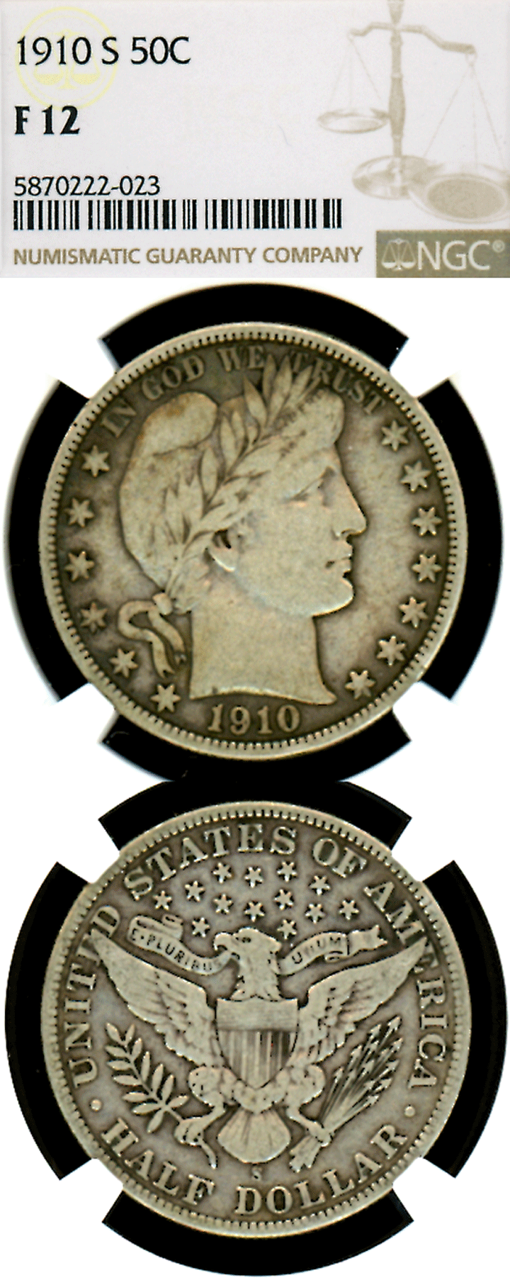 1910-S 50c Barber silver half dollar NGC F 12