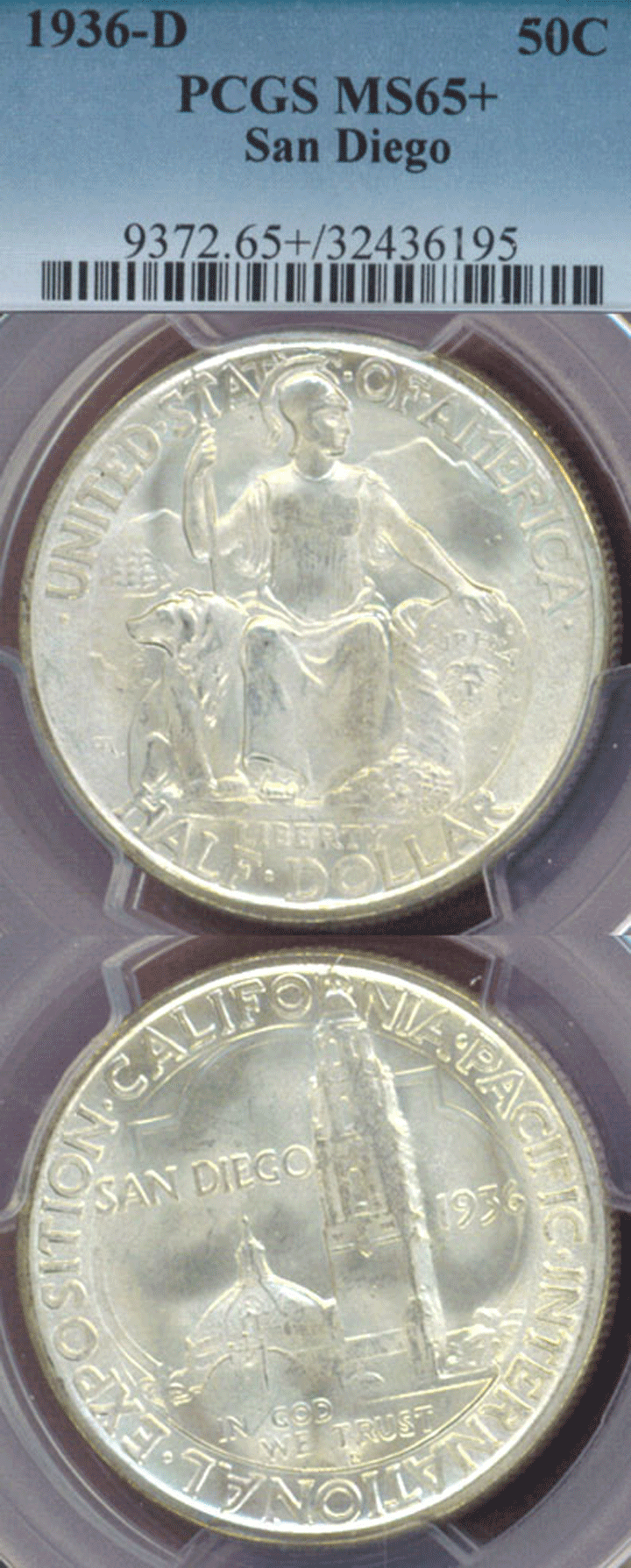 1936-D San Diego US silver commemorative half dollar PCGS MS 65+