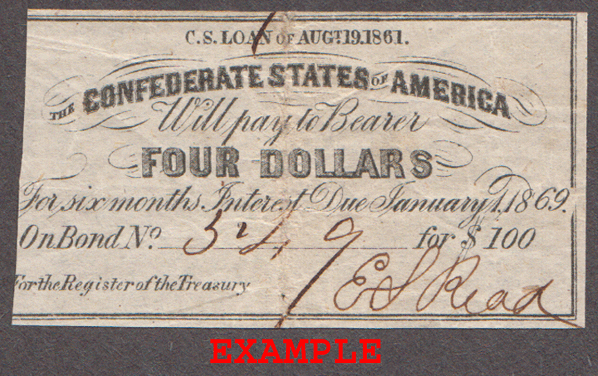 Confederate Four Dollar 1861 Bond Coupon 