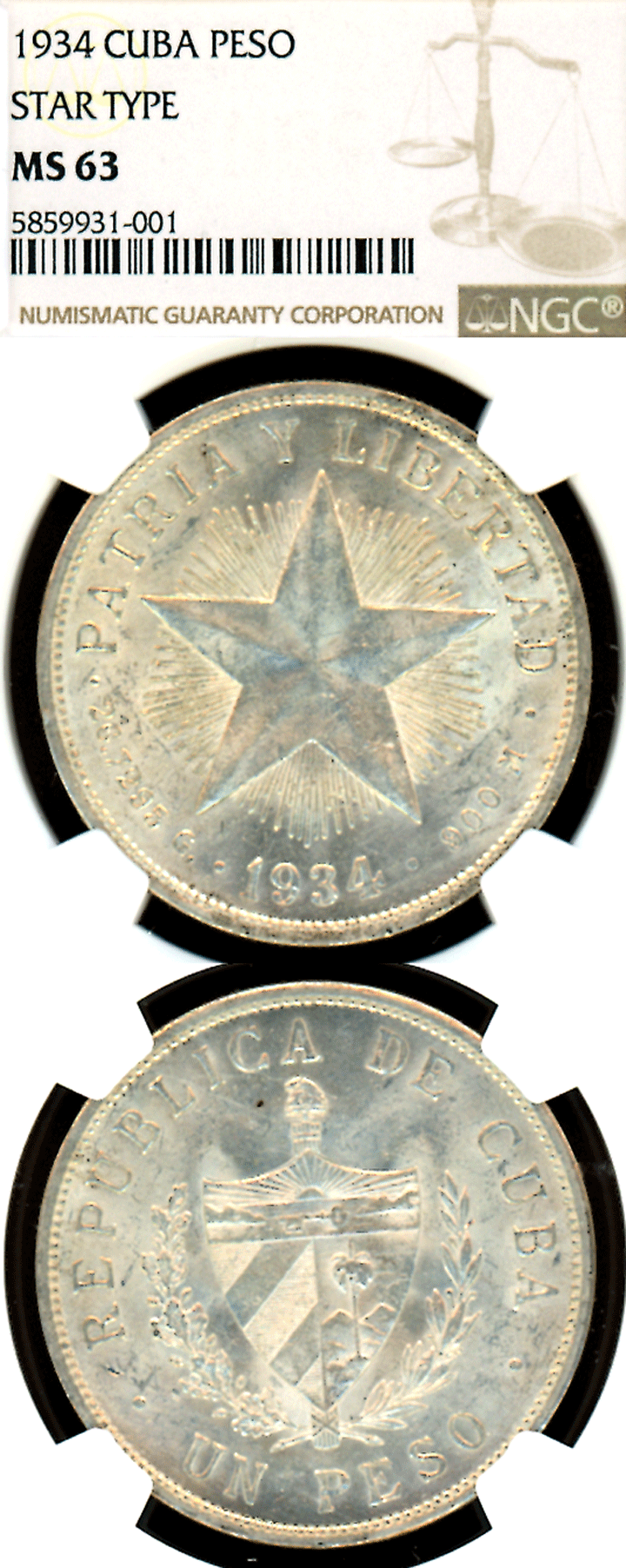 1934 Peso Cuba NGC MS-63
