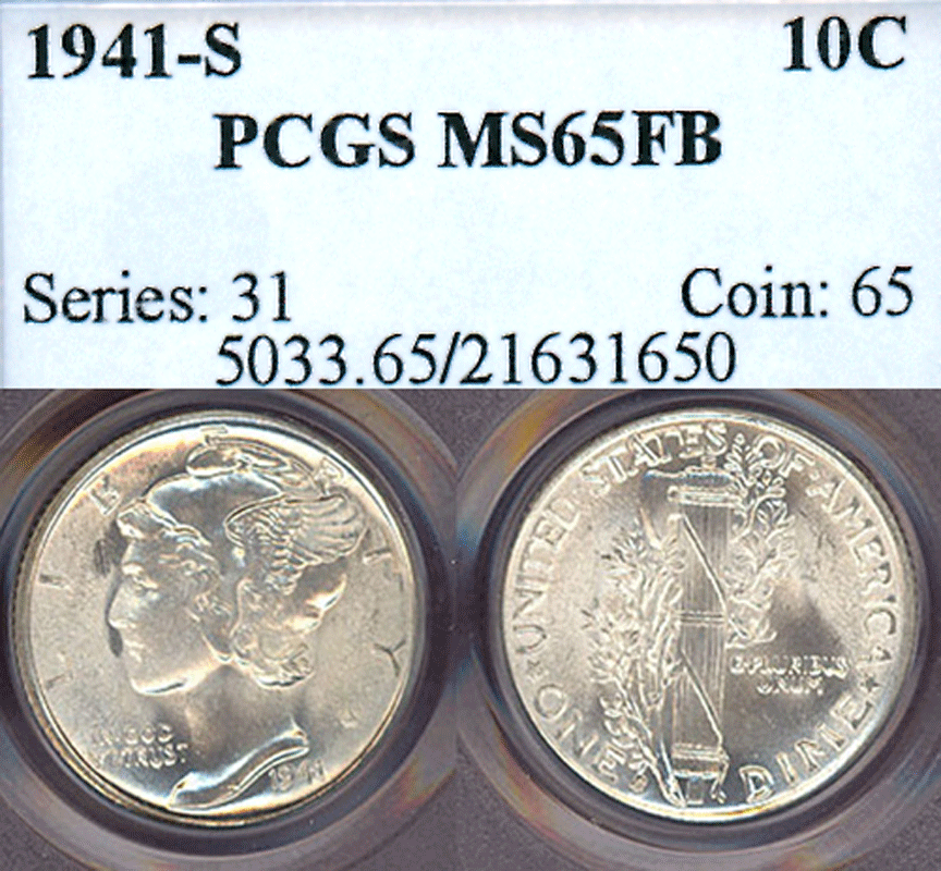 1941-S 10c Mercury Head silver dime PCGS MS 65 FB