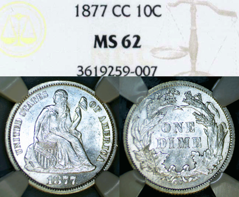 1877-CC 10c NGC MS-62 US seated liberty silver dime