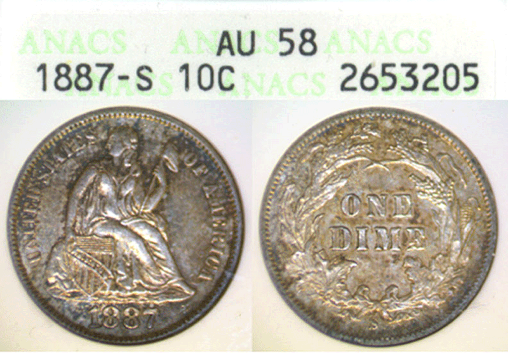 1887-S 10c US seated Liberty silver dime AU-58