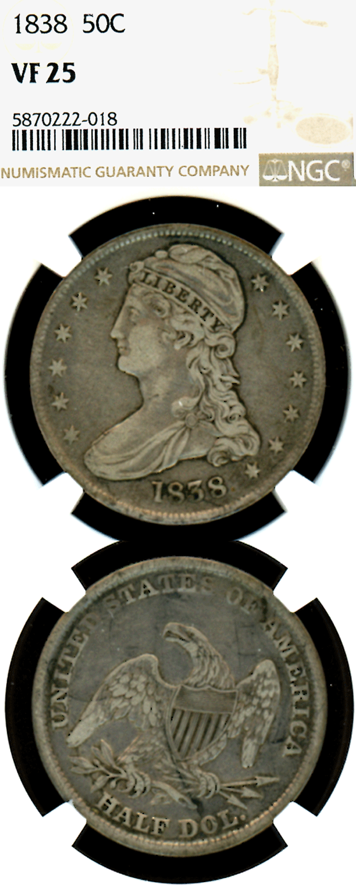 1838 50c Capped Bust Reeded edge silver half dollar NGC-Very Fine 25