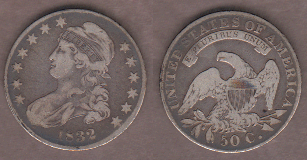 1832 50c US capped bust silver half dollar