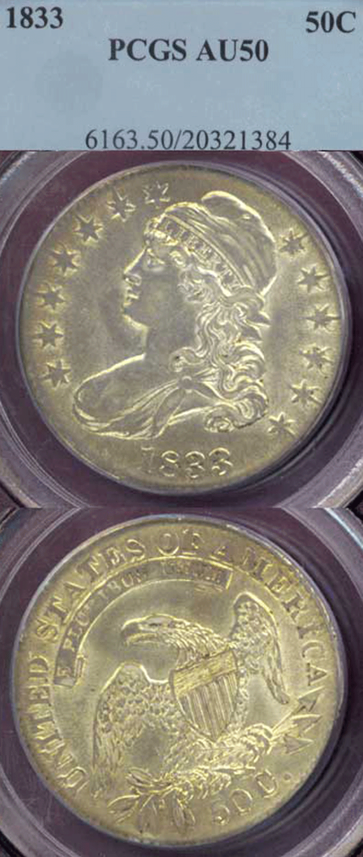 1833 50c US capped bust silver half dollar PCGS AU 50