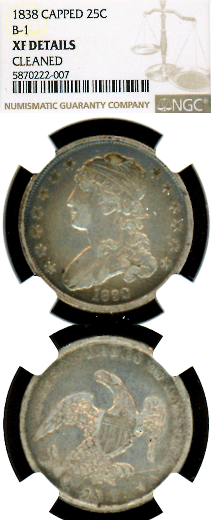 1838 25c Capped bust silver quarter NGC-XF