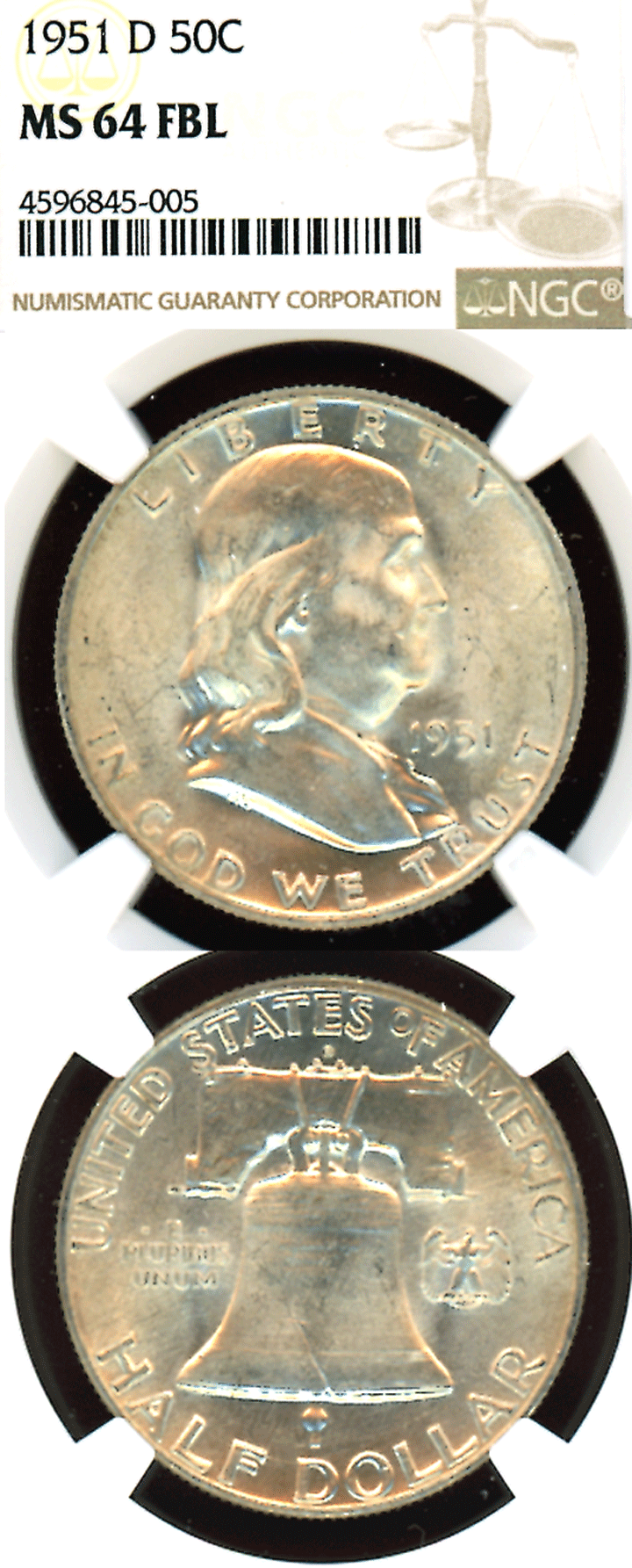 1951-D 50c US Franklin silver half dollar NGC MS64 FBL