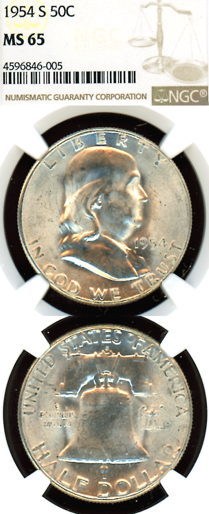 1954-S 50c US Franklin silver half dollar NGC MS 65