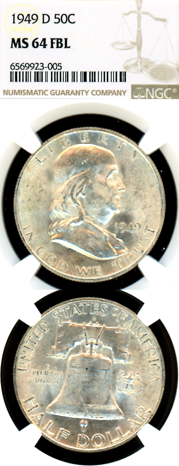 1949-D Franklin silver half dollar NGC MS 64 Full Bell Lines