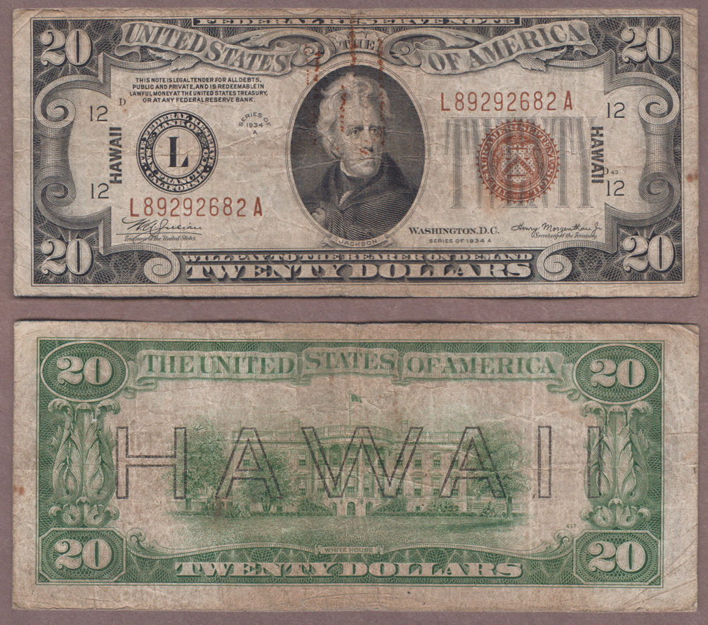 1934-A $20 FR-2305 "Hawaii" US small size WW 2 emergency 