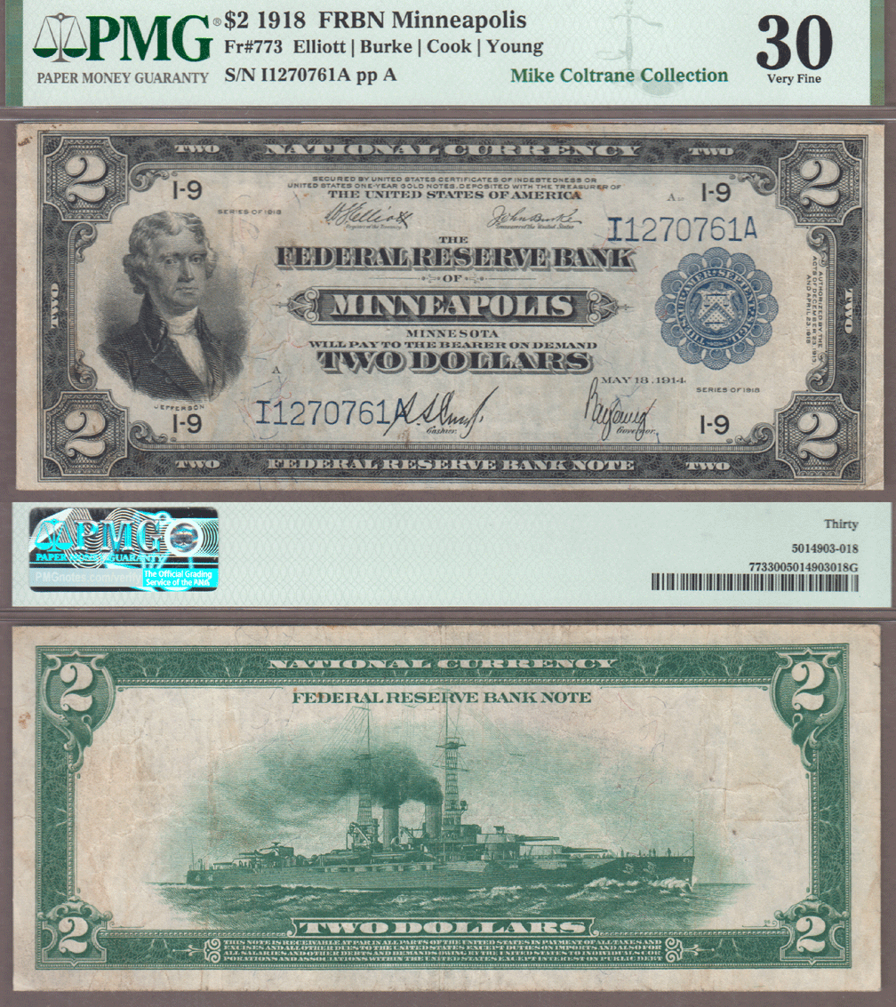 1918 $2.00 FR-773 "Battleship" US large size federal reserve bank note PMG Very Fine 30