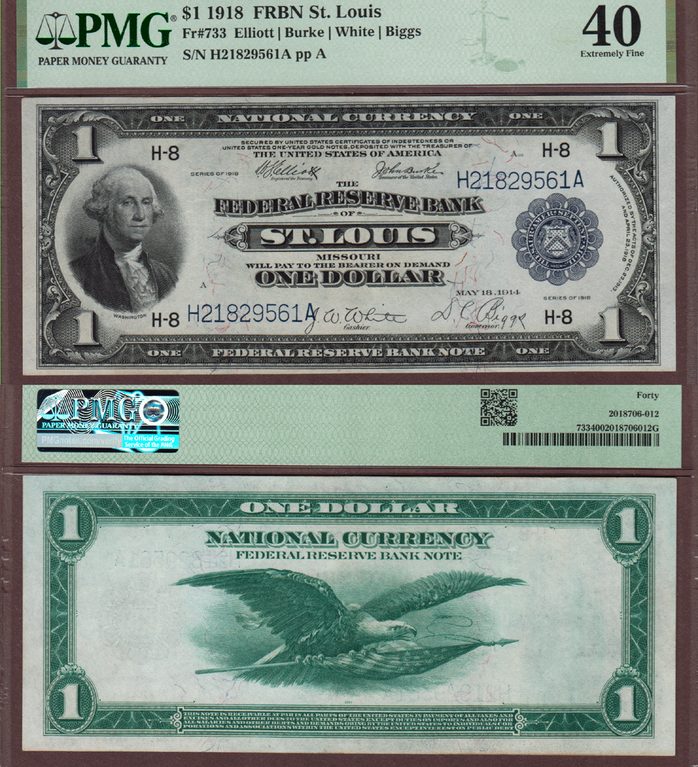 1918 $1.00 FR-733 Large size US federal reserve bank note green eagle  PMG Extremely Fine 40 