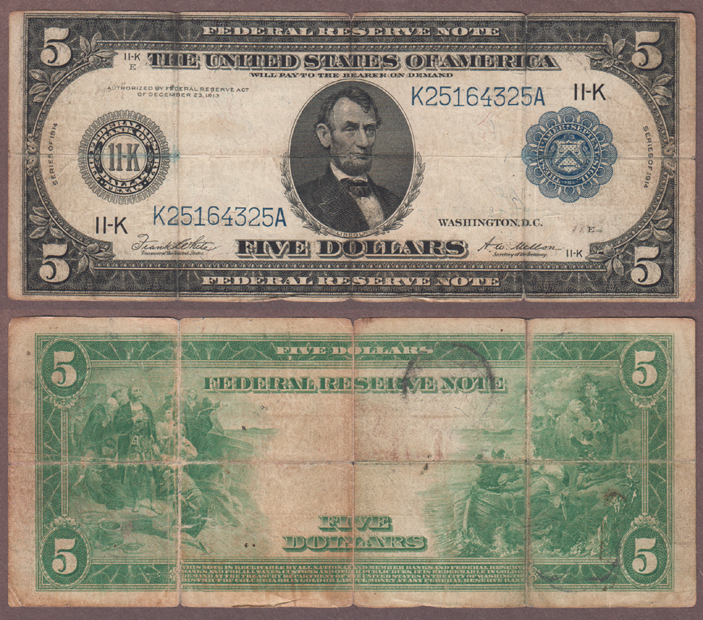 1914 $5.00 FR-887-A Dallas US large size federal reserve note