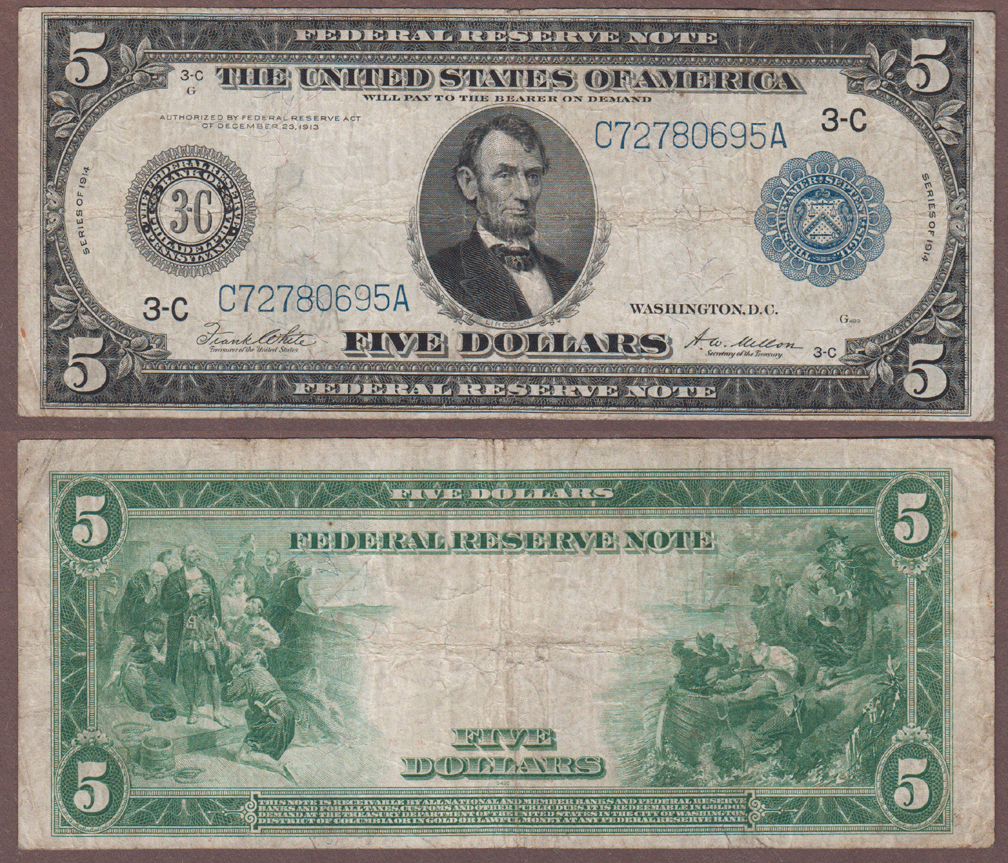 1914 $5.00 FR-855a Philadelphia US large size federal reserve note