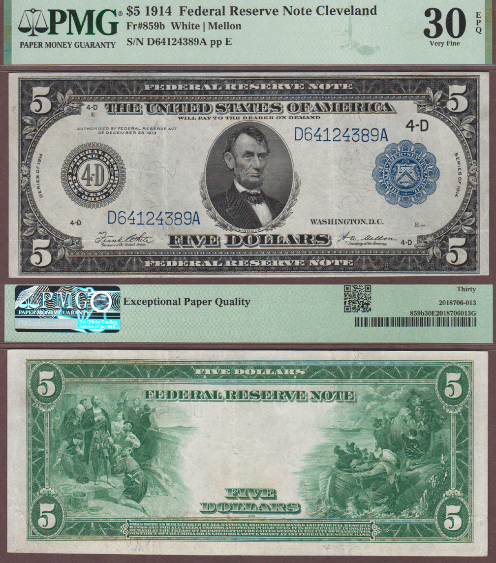 1914 $5.00 FR-859b Cleveland PMG VF 30