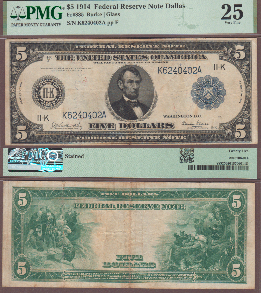 1914 $5.00 FR-885 Dallas PMG VF 25