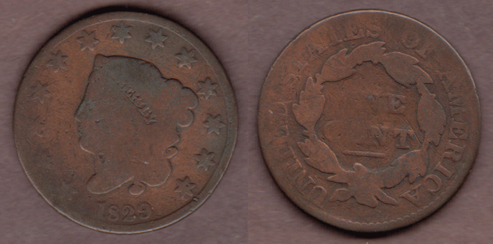 1829 1c US coronet head large cent