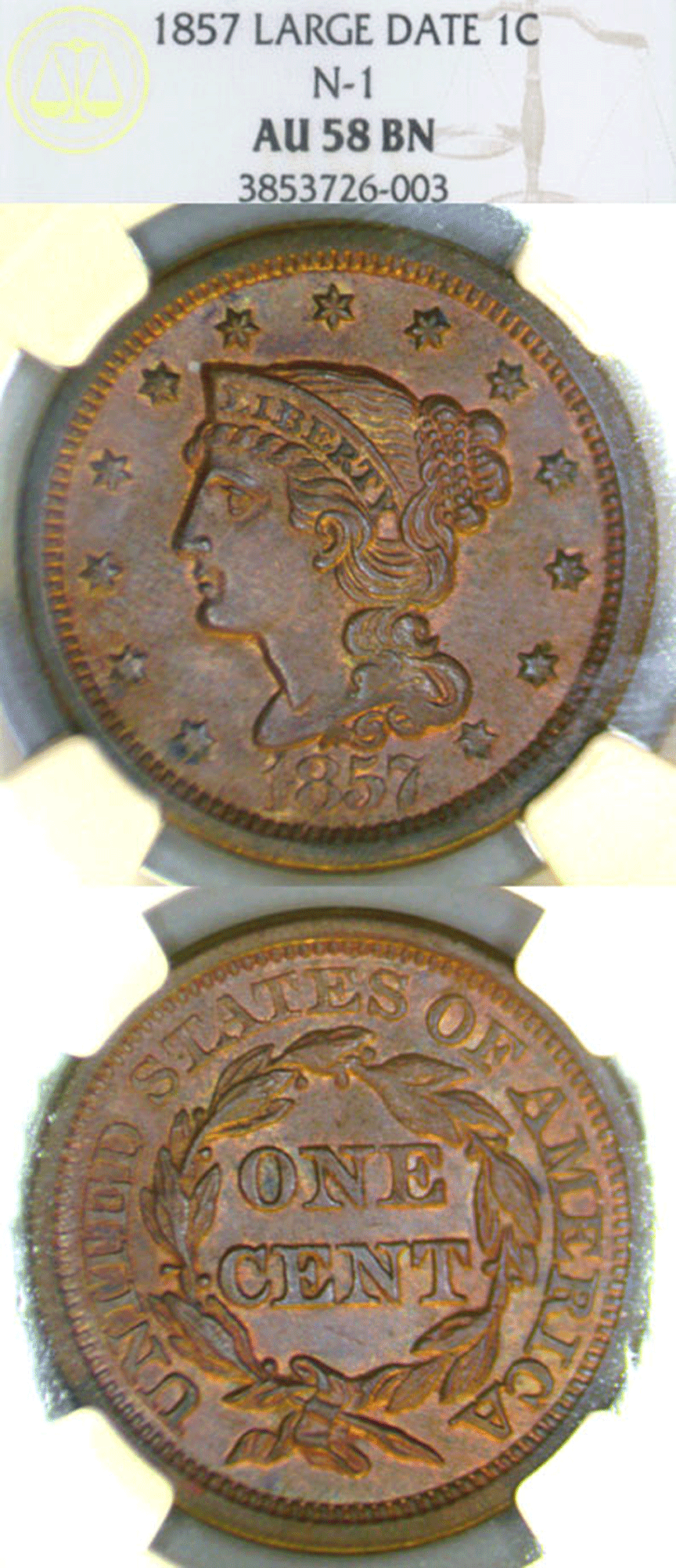 1857  US Large Cent NGC AU 58