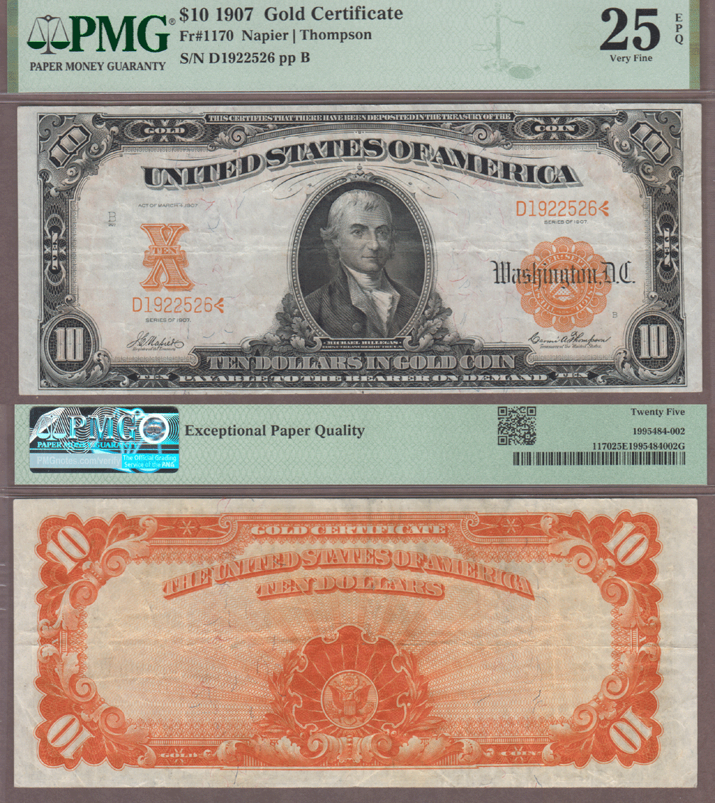 1907 - $10 FR-1170A US large size gold certificate PMG Very Fine 25
