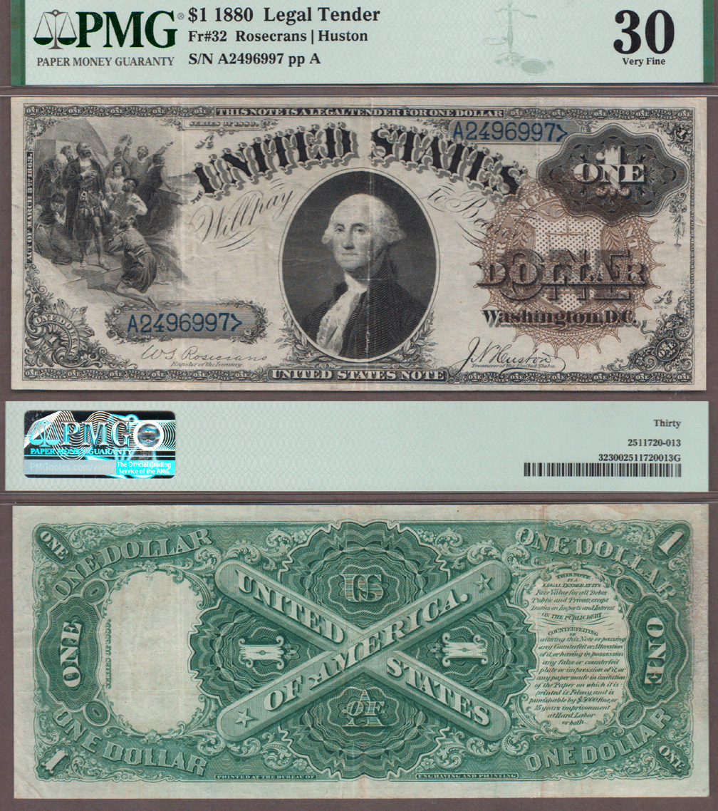 1880 $1.00 FR-32 US large size legal tender note PMG Very Fine 30