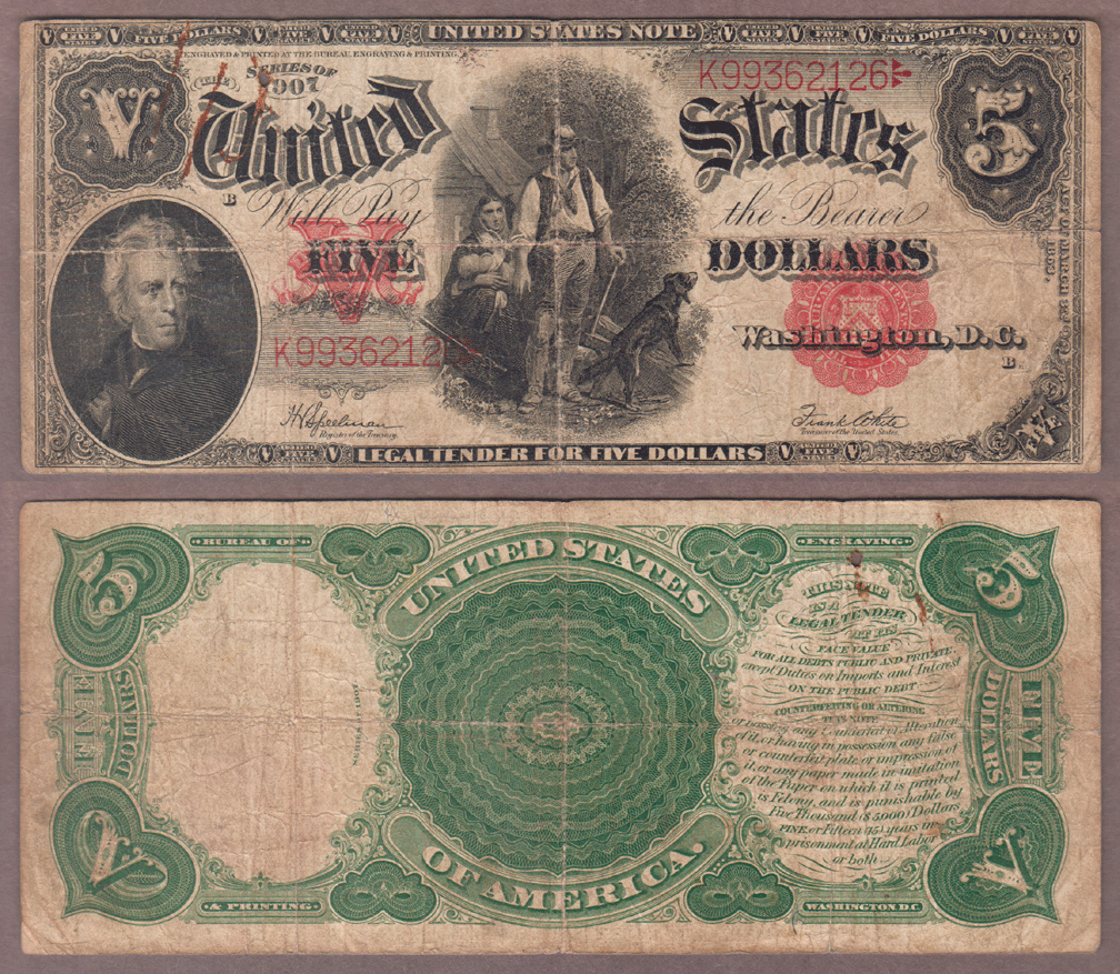 1907 $5.00 FR-91 PCBLIC Error US legal tender note