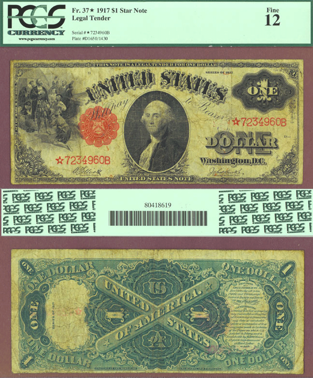 1917 $1.00 FR-37 Large Size US Legal Tender Star Note PCGS Fine 12