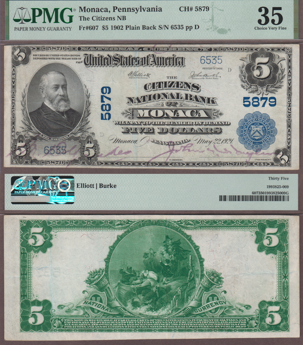 1902 Plain Back $5.00 FR-607 Monaca Pennsylvania Charter 5879
