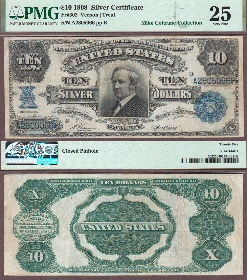 1908 $10.00 FR-302 "Tombstone" US large size silver certificate