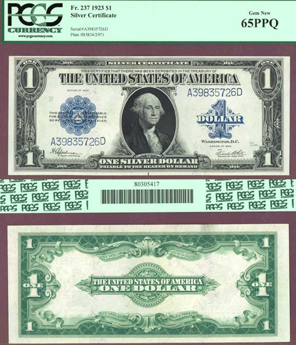 1923 - $1 FR-237 US large size silver certificate PCGS 65 PPQ