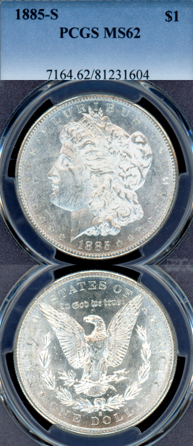 1885-S $ US Morgan silver dollar PCGS MS 62