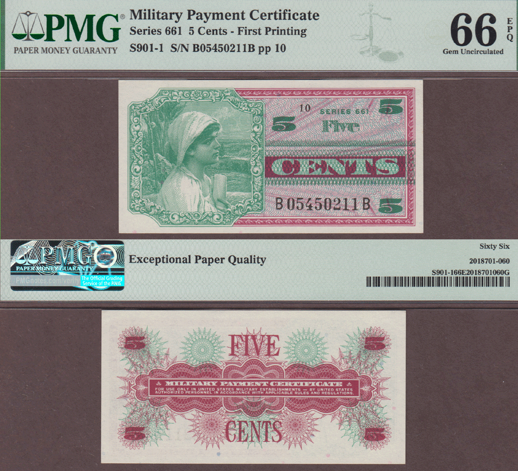 Series 661 5 CentUS Military Payment Certificate PMG Gem Uncirculated 66 EPQ