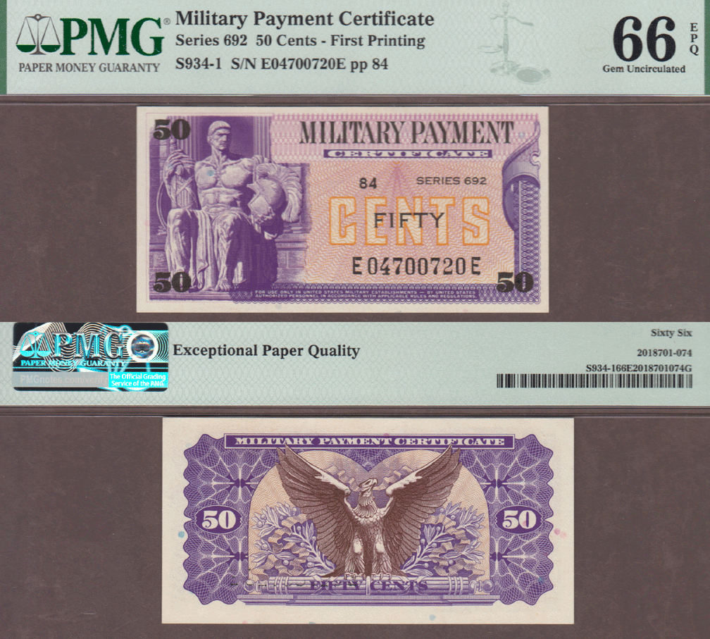 Series 692 .25 Cents US Military payment certificate PMG Gem CU 66 EPQ