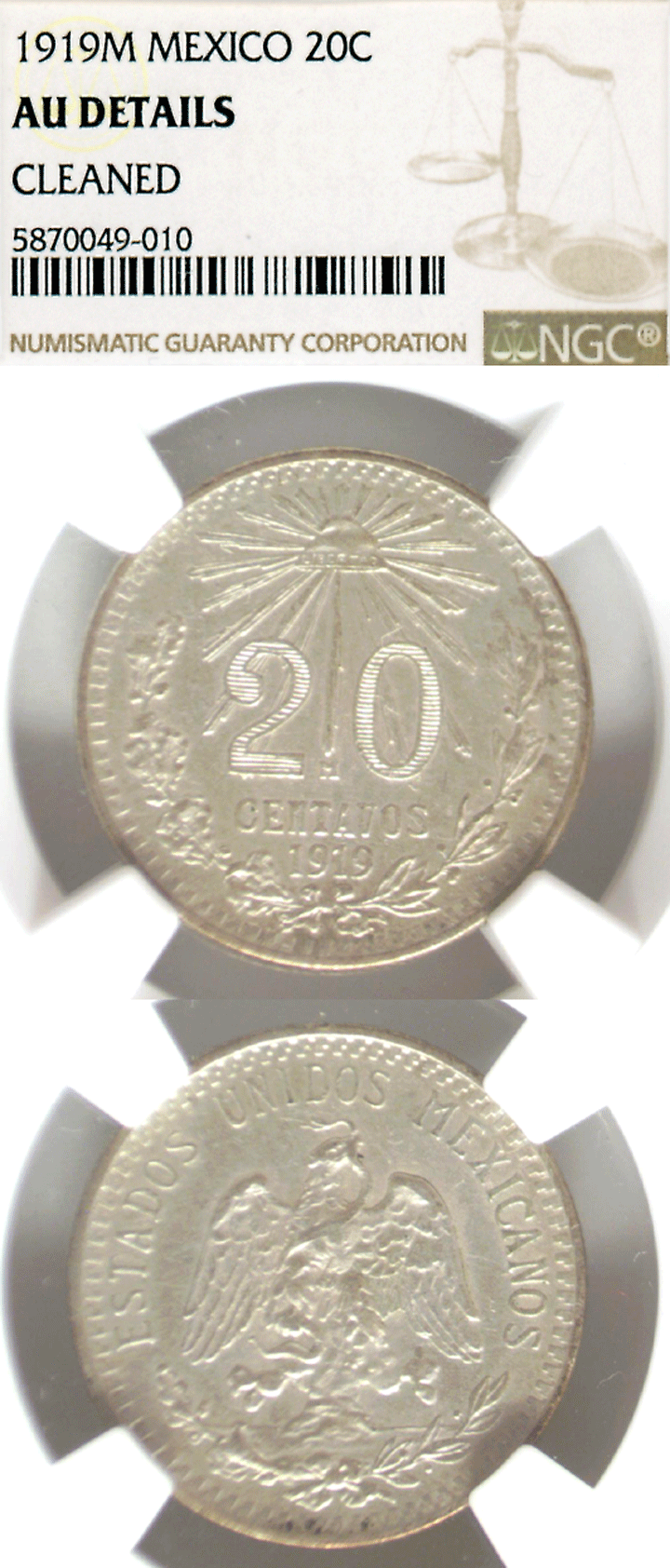 1919 20 Centavos NGC AU 
