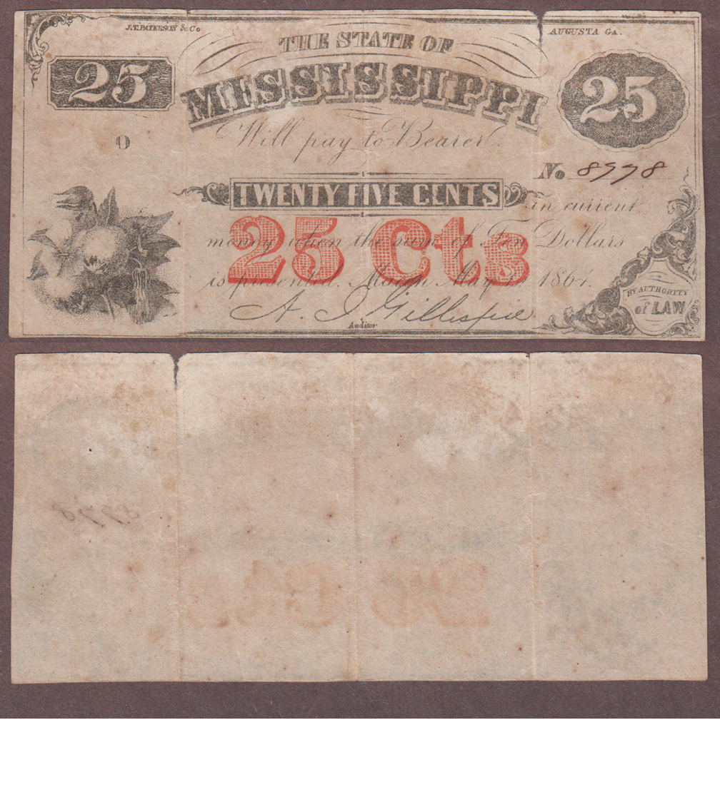 Mississippi 25 Cent - 1864 Civil War paper money