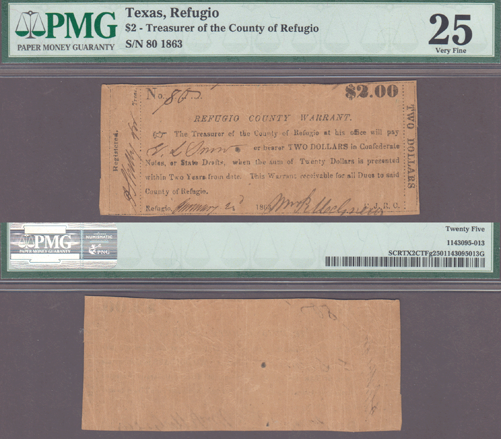 Texas Refugio $2.00 Refugio County 1863 PMG Very Fine 25