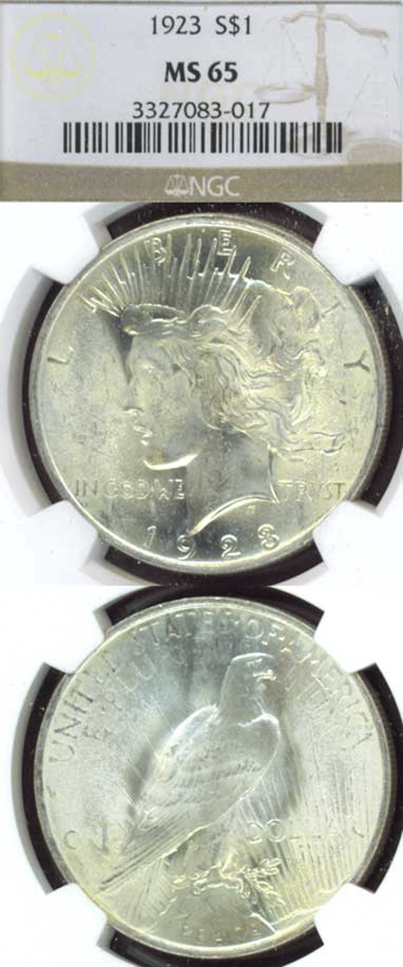 1923 $ NGC MS-65 US Peace silver dollar 