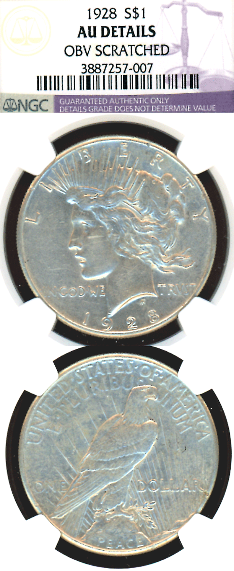 1928 $ US Silver Peace dollar NGC AU Details