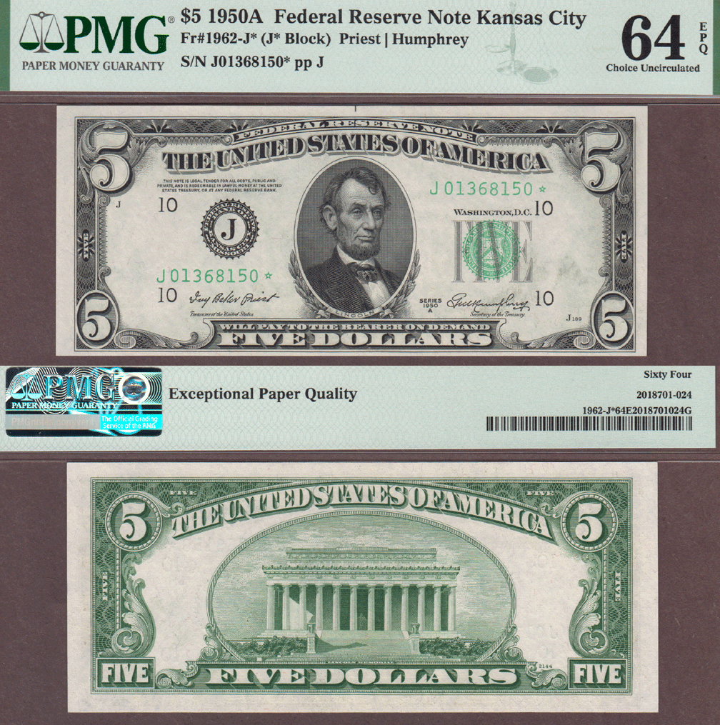 1950 A $5 FR-1962-J* *STAR* US small size federal reserve note PMG Choice Uncirculated 64 EPQ