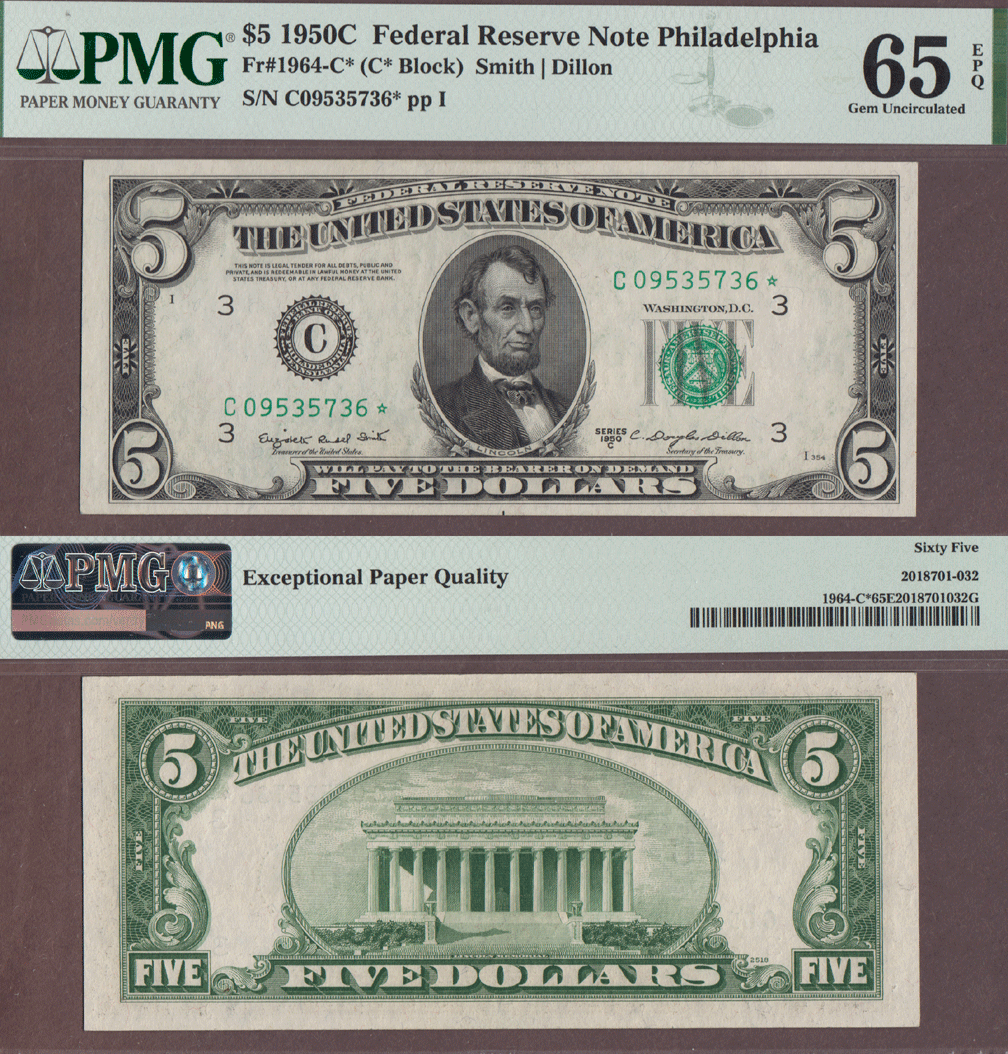 1950 C $5 FR-1964-C* *STAR* US small size federal reserve note PMG Gem Uncirculated 65 EPQ