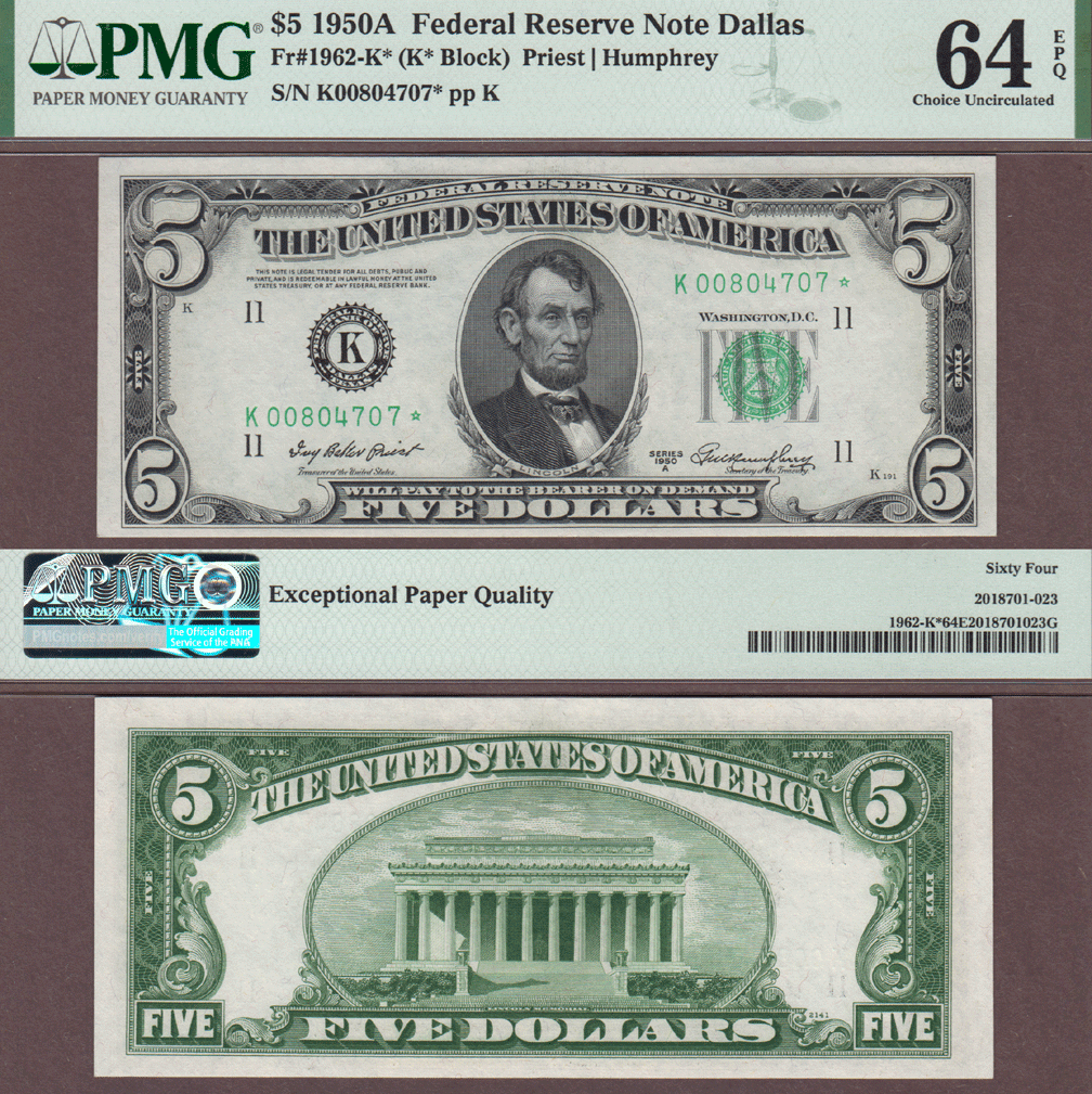 1950-A $5 FR-1962-K* *STAR* US federal reserve note PMG CU 64EPQ