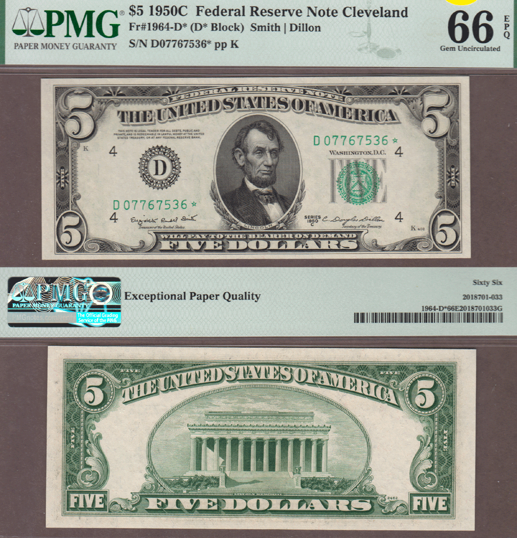 1950-C $5 FR-1964-D* *STAR* PMG GEM 66 EPQ