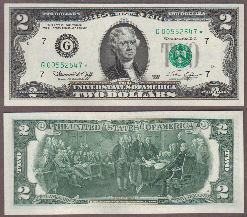 1976-D - $2 FR-1935-G* "STAR" US small size federal reserve note