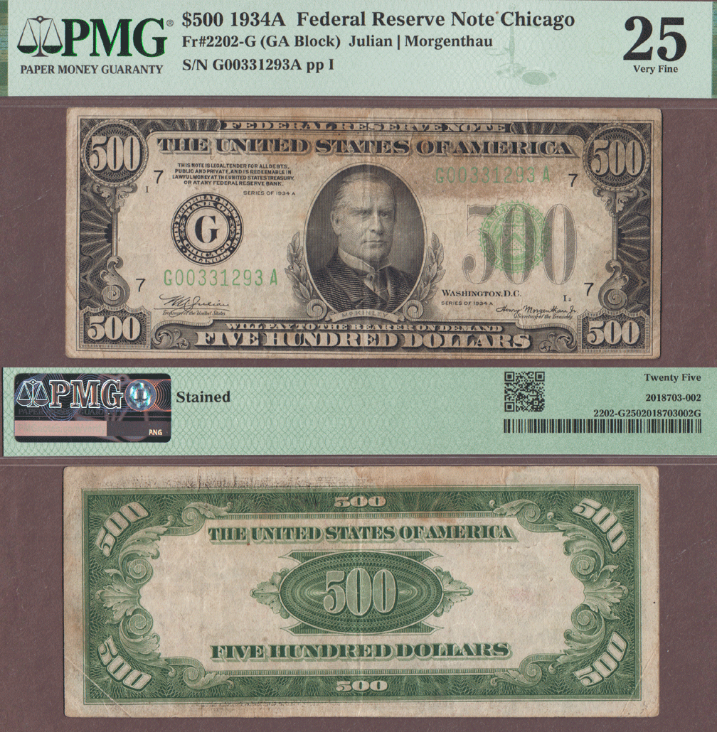 1934-A $500 FR-2202-G PMG Very Fine 25