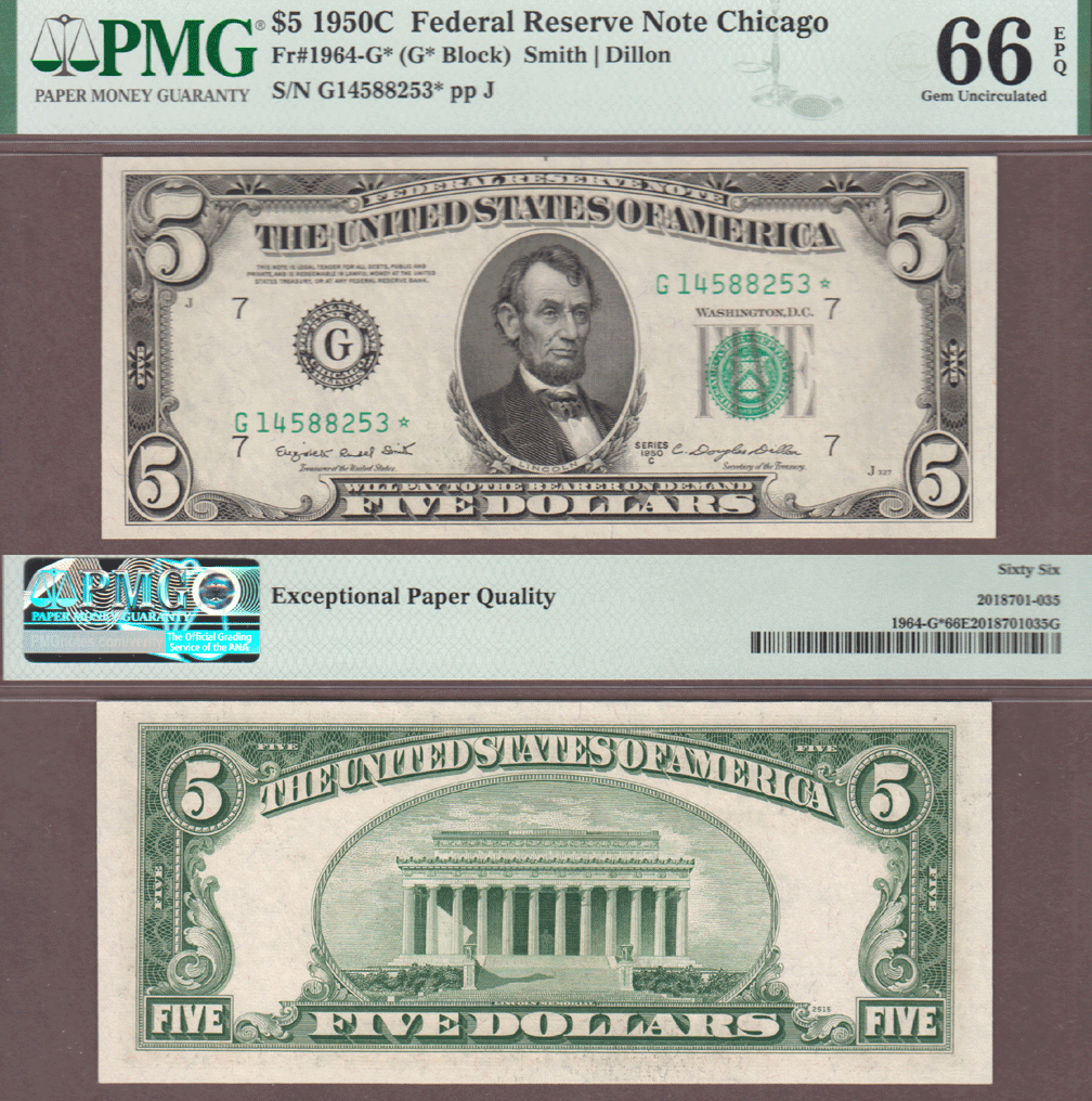 1950-C $5 FR-1964-G* "STAR" PMG Gem CU 66 EPQ