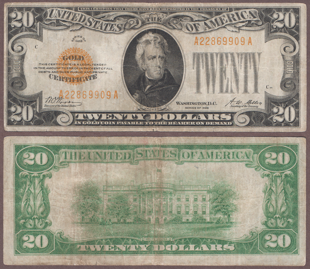 1928 - $20 FR-2402 US small size gold certificate 