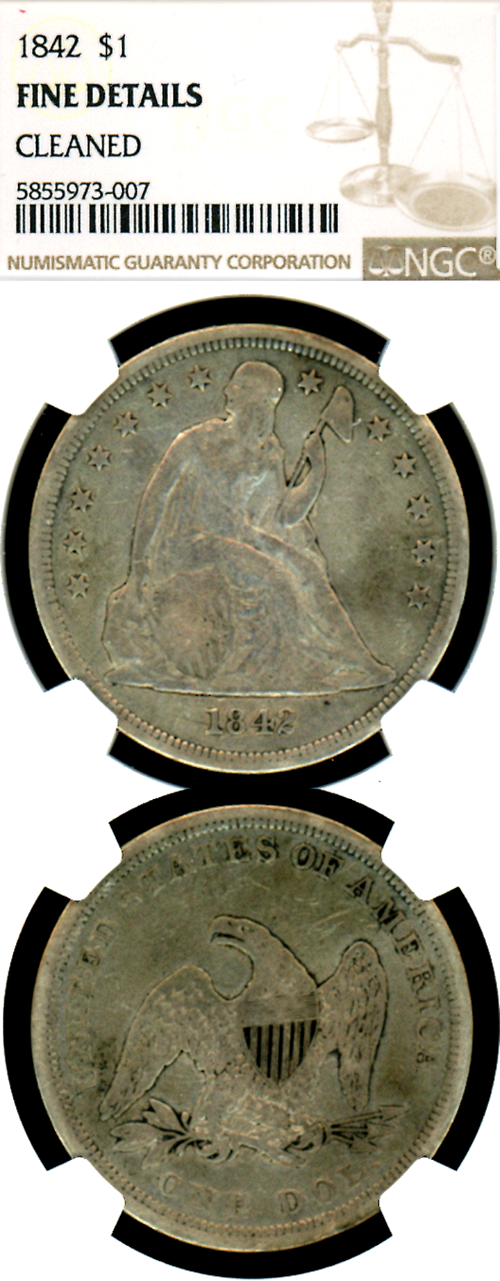 1842 $ "No Motto" Seated Liberty Dollar NGC Fine 